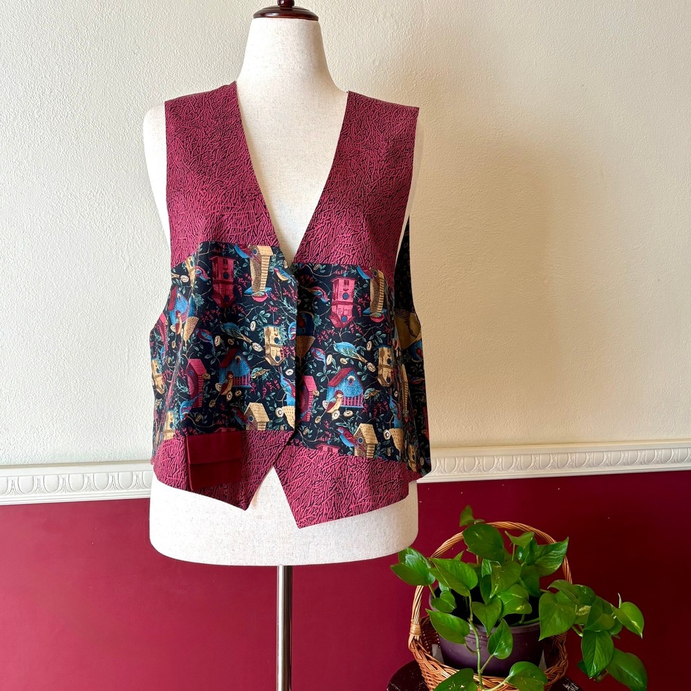 Handmade Reversible Vest 2X Birdhouse Music Mixed‎ Motif Burgundy Tan Artsy Boho
